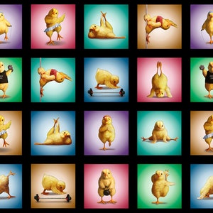 Puede incluir: Un collage de 24 imágenes con pollitos amarillos realizando diversos ejercicios de fitness, incluyendo yoga, levantamiento de pesas y baile. Los pollitos están vestidos con atuendos coloridos y se encuentran sobre una variedad de fondos.