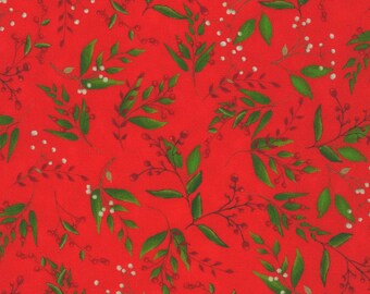 Tela de algodón roja con hojas y bayas de Gnomeland Critters de Robert Kaufman, cortada a medida o con largo seleccionado SRKD219283