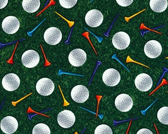 Timeless Treasures~Sports~Golf Balls & Tees~Green~Cotton Fabric by the Yard or Select Length C8030-GREEN