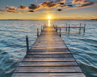 Hoffman Call of the Wild 31" x 43" Dock at Sunset Panel Digital Print Sunset Cotton Fabric by the Panel W5421-151