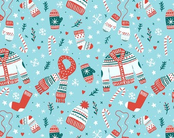 May include: A seamless pattern featuring a variety of winter-themed illustrations, including mittens, scarves, hats, candy canes, and snowflakes. The illustrations are drawn in a whimsical style with a blue, red, and green color palette.