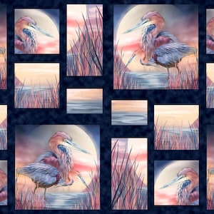 May include: A digital collage featuring a repeating pattern of two wading birds standing in a marsh with a full moon in the background. The birds are a reddish-brown colour with blue-grey wings and long legs. The moon is a pale yellow with a pink and orange glow. The marsh is a dark blue with tall, thin reeds.