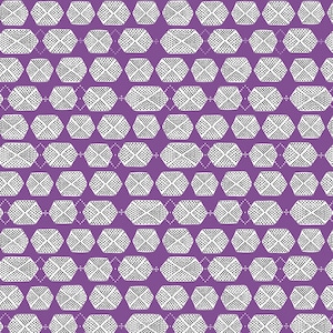 Könnte beinhalten: Ein violetter Hintergrund mit einem sich wiederholenden Muster aus weißen sechseckigen Formen. Jedes Sechseck ist mit einem Muster aus kleinen schwarzen Punkten gefüllt.