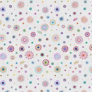 May include: A seamless pattern with a white background and colorful, abstract, circular designs. The circles are filled with various colors, including pink, blue, green, yellow, and red.