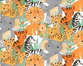 Safari Snuggles van Jenny Faw, Wilmington prints katoenweefsel, verpakte beestjes in meerdere kleuren op wit 42028-187