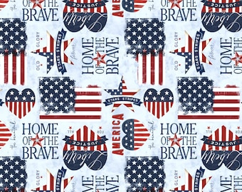 Wilmington Prints~Hearts Anthem~Patriotic Toss~Light Blue~Cotton Fabric by the Yard or Select Length 84475-434