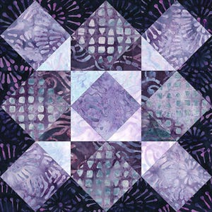 May include: A purple and blue quilt block with a star pattern. The block is made up of nine squares, each with a different pattern. The star is formed by the four corner squares and the center square.