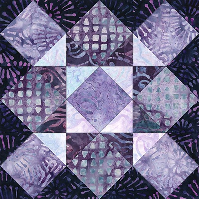 May include: A purple and blue quilt block with a star pattern. The block is made up of nine squares, each with a different pattern. The star is formed by the four corner squares and the center square.