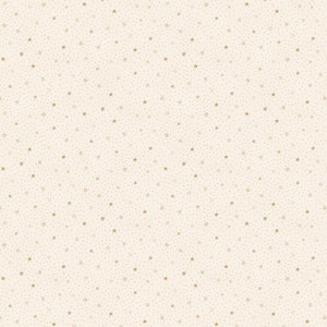 May include: A seamless pattern with a white background and a scattered pattern of small gold stars.