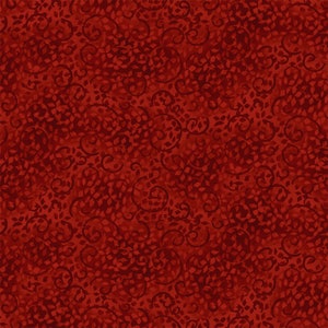 Puede incluir: Un patrón de tela sin costuras en tonos rojos. El diseño presenta un patrón repetitivo de pequeñas formas en forma de hoja y elementos arremolinados en forma de vid. La textura general es densa y visualmente rica, creando una estética cálida.