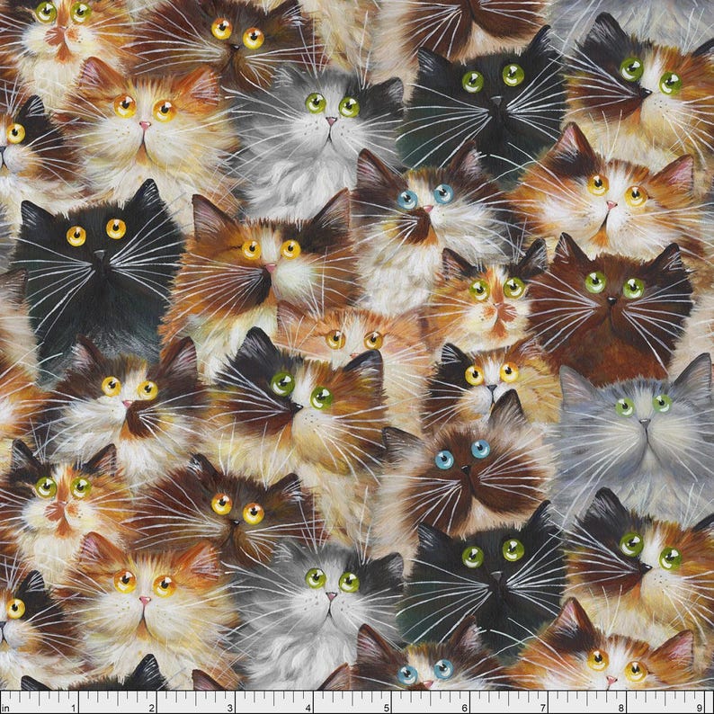 May include: A fabric pattern featuring a dense arrangement of cat faces. The cats have various fur colors, including black, brown, orange, and gray, with detailed facial features and whiskers. The cats have different eye colors, including yellow, green, and blue.