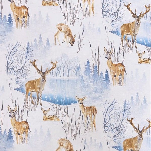 Timeless Treasures~Winter Woods~Deer in the Winter Forest~White~Cotton Fabric by the Yard or Select Length CD1216-WHITE