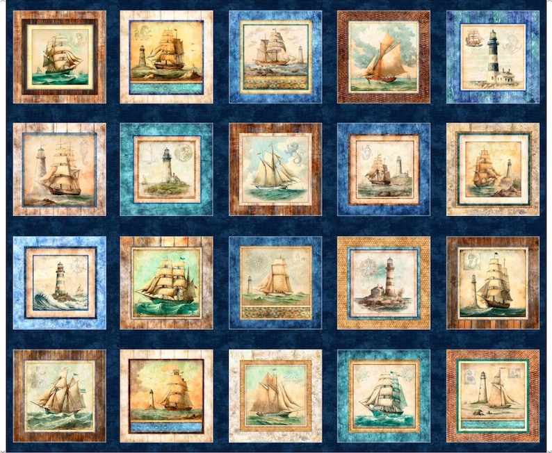 Quilting TreasuresSirens Call36.5 x 42 Nautical Patches PanelDigitalNavyCotton Fabric by the Panel 29991-N image 1