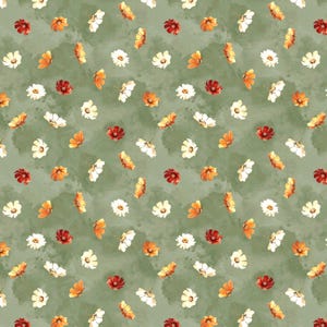 May include: A repeating pattern of watercolour flowers in white, orange, and red, scattered across a muted green background. The floral design is a seamless pattern, suitable for fabric or wallpaper.