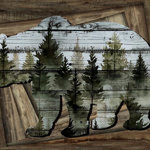 May include: Wooden bear-shaped wall art featuring a forest scene. The bear silhouette is filled with a watercolor painting of evergreen trees against a white and gray wooden background. The art is framed with rustic wooden planks.