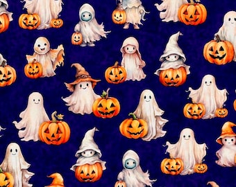 Pode incluir: Padrão repetido de ilustrações com tema de Halloween sobre um fundo azul escuro. O design apresenta fantasmas sorrindo, abóboras e personagens com chapéus de bruxa. As abóboras são laranja e os fantasmas são brancos.