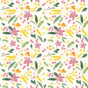 May include: A seamless pattern featuring pink flowers, yellow wheat stalks, and green leaves on a white background with small yellow dots.