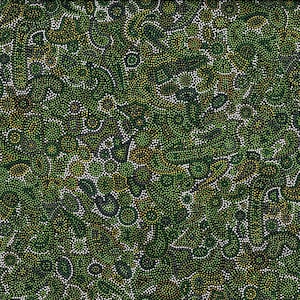 Puede incluir: Patrón abstracto de puntos verdes, blancos y amarillos con un diseño en espiral. El patrón recuerda al arte aborigen.