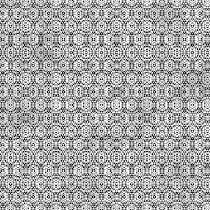 May include: A repeating pattern of black geometric shapes on a white background. The design features interconnected star-like and circular elements, creating a complex, symmetrical texture. The pattern is dense and covers the entire surface.