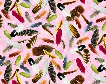 Quilting Treasures~Hummingbird Garden~Feathers~Digital Print~Pink~Cotton Fabric by the Yard or Select Length 28155-P
