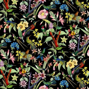 Elizabeths Studio~Hummingbird Heaven~Hummingbirds w/ Metallic Gold~Black~Cotton Fabric by the Yard or Select M4915E-BLACK