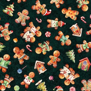 Tesoros de acolchado ~ Cuties de QT ~ Galletas de jengibre ~ Digital ~ Evergreen ~ Tela de algodón cortada a medida o seleccione largo 31183-F