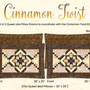 May include: Two queen-sized pillow shams with a geometric pattern in shades of brown, beige, and black. The shams are 36 inches by 26 inches and fit queen-sized bed pillows, which are 30 inches by 20 inches. The shams are labeled "Front" and "Back".