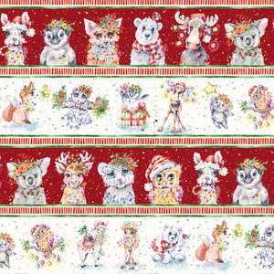 May include: A red and white striped pattern with a variety of animals wearing festive Christmas hats and garlands. The animals include a fox, a bear, a deer, an owl, a penguin, a koala, a llama, and a squirrel.