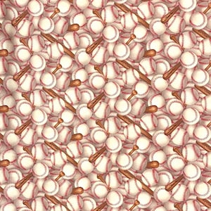 Puede incluir: Un patrón sin costuras que presenta un diseño repetitivo de pelotas de béisbol blancas con costuras rojas y bates de béisbol de madera marrón. El fondo es de color beige claro.