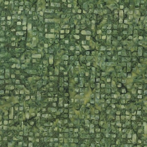 Puede incluir: Tela verde con un patrón repetitivo de formas rectangulares en diferentes tonos de verde y amarillo. El diseño tiene un aspecto moteado y texturizado, que se asemeja a un mosaico o albañilería. La tela es probablemente de algodón o un material similar.