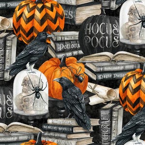 Northcott~Spellbound~Crows Pumpkins and Books~ブラック/マルチ~コットン生地（1ヤードあたりまたは長さを選択）28136-99