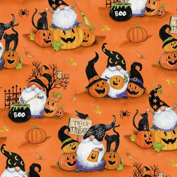 EOB~Wilmington Prints~The Boo Crew~Scenic Gnomes~Orange~Cotton Fabric by the Yard or Select Length 39792-889