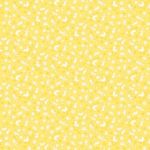 May include: A seamless pattern featuring a variety of white silhouettes on a yellow background. The silhouettes include flowers, birds, butterflies, and other small creatures.