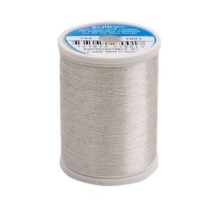 May include: A spool of metallic silver thread by Sulky. The label on the top indicates 59% nylon, 40% polyester, and 1% metallic fiber, with instructions to use a 90 top stitch needle. The spool features a barcode and product number 7001.