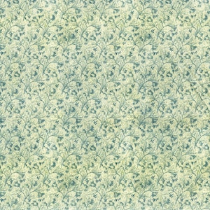 May include: A vintage-style pattern featuring a repeating floral design in shades of blue and green on a cream-colored background. The pattern has a slightly distressed appearance, suggesting an aged or antique aesthetic. The design is suitable for fabric, wallpaper, or other decorative applications.