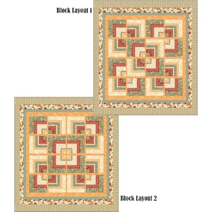 May include: Two quilt block layouts are displayed. Each quilt block has a central square design surrounded by rectangular blocks in shades of red, green, and cream. The borders have a floral pattern. The text "Block Layout 1" and "Block Layout 2" are visible.