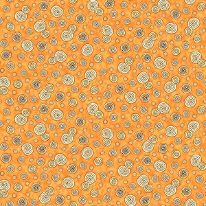 May include: A seamless pattern of white and black spiral designs on an orange background.
