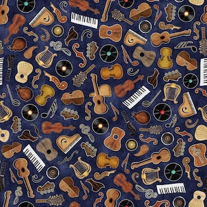 May include: A seamless pattern featuring various musical instruments on a dark blue background. The instruments include guitars, violins, harps, mandolins, and a piano keyboard. There are also musical notes and record players scattered throughout the design.