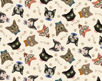 EOB~Timeless Treasures~Cats~Tossed Cat Heads with Glasses~Digital~Natural~Cotton Fabric by the Yard or Select CD1457-NATURAL