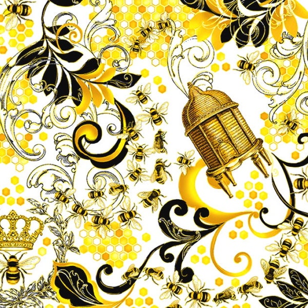 EOB~Kanvas by Benartex~Buzzworthy~Queen Bee w/ Metallic Gold~White~Cotton Fabric by the Yard or Select Length 9971MB-09