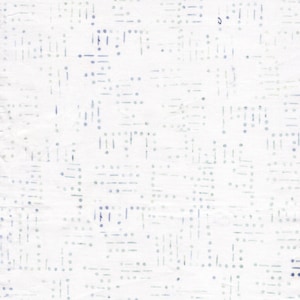 May include: A white fabric featuring a repeating pattern of small, light blue dots and short horizontal and vertical dashes arranged in a grid-like formation. The design creates a subtle, textured appearance across the surface of the textile material.