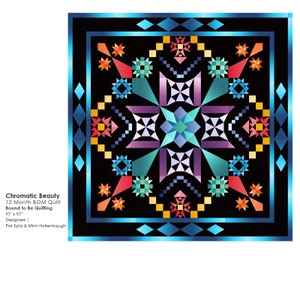 May include: A colorful quilt pattern with a starburst design in shades of red, orange, yellow, green, blue, purple, and white. The quilt is set against a black background and has a blue border.
