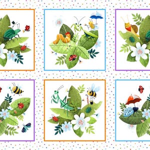 Elizabeths Studio Hidden World 24.75" x 44" Cute Bugs Block Panel White Cotton Fabric by the Panel 712E-WHITE