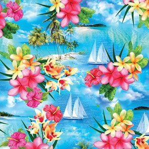 Kanvas by Benartex~Tropical Escape~Island Paradise~Sky Blue~Cotton Fabric by the Yard or Select Length 12897B-53