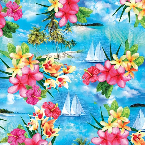 EOB~Kanvas by Benartex~Tropical Escape~Island Paradise~Sky Blue~Cotton Fabric by the Yard or Select Length 12897B-53