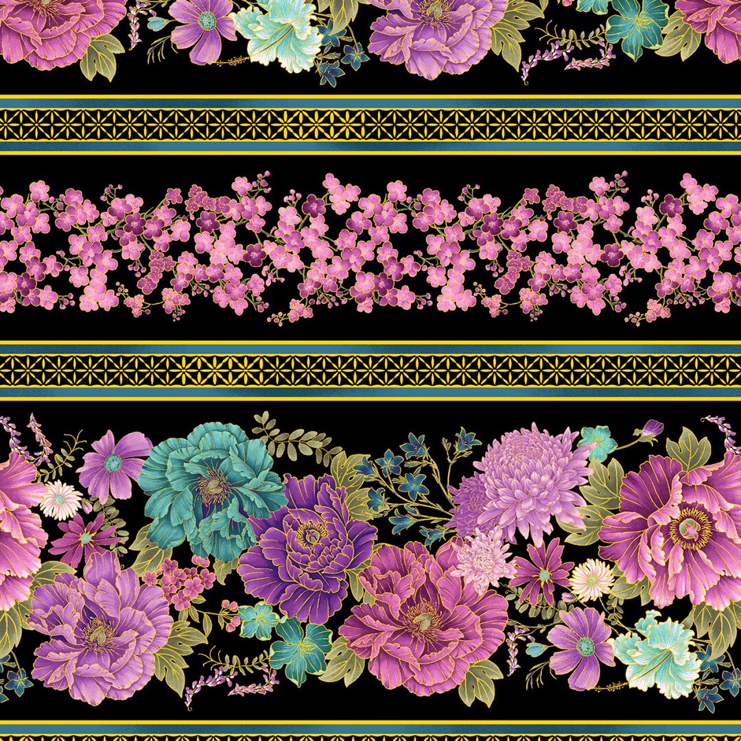 EOB Timeless Treasures Shizuka Floral Border Stripe W/ Metallic Gold ...