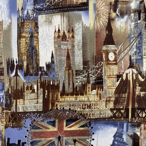 Puede incluir: Una ilustración colorida de monumentos de Londres, incluyendo el Big Ben, el London Eye y las Casas del Parlamento. La imagen presenta una combinación de colores azul, blanco y rojo con un estilo vintage.