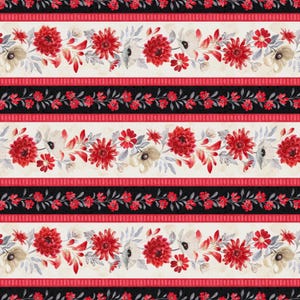 May include: Floral fabric with horizontal stripes. Alternating bands of cream, black, and red. The cream bands feature red dahlias, small red flowers, and white flowers with gray leaves. The black bands have a red floral vine.