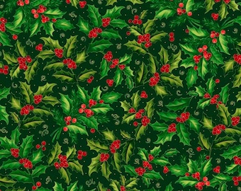 May include: A seamless pattern featuring green holly leaves and red berries on a dark green background. The pattern is ideal for festive crafts and decorations.