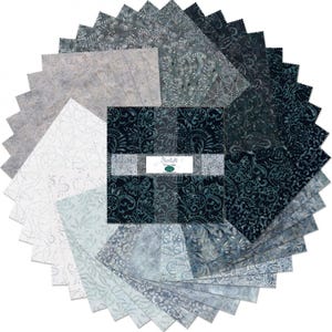 May include: A pack of 42 - 5 inch fabric squares in shades of blue and gray with a paisley pattern. The fabric squares are arranged in a circle with the label "Starlight" in the center.